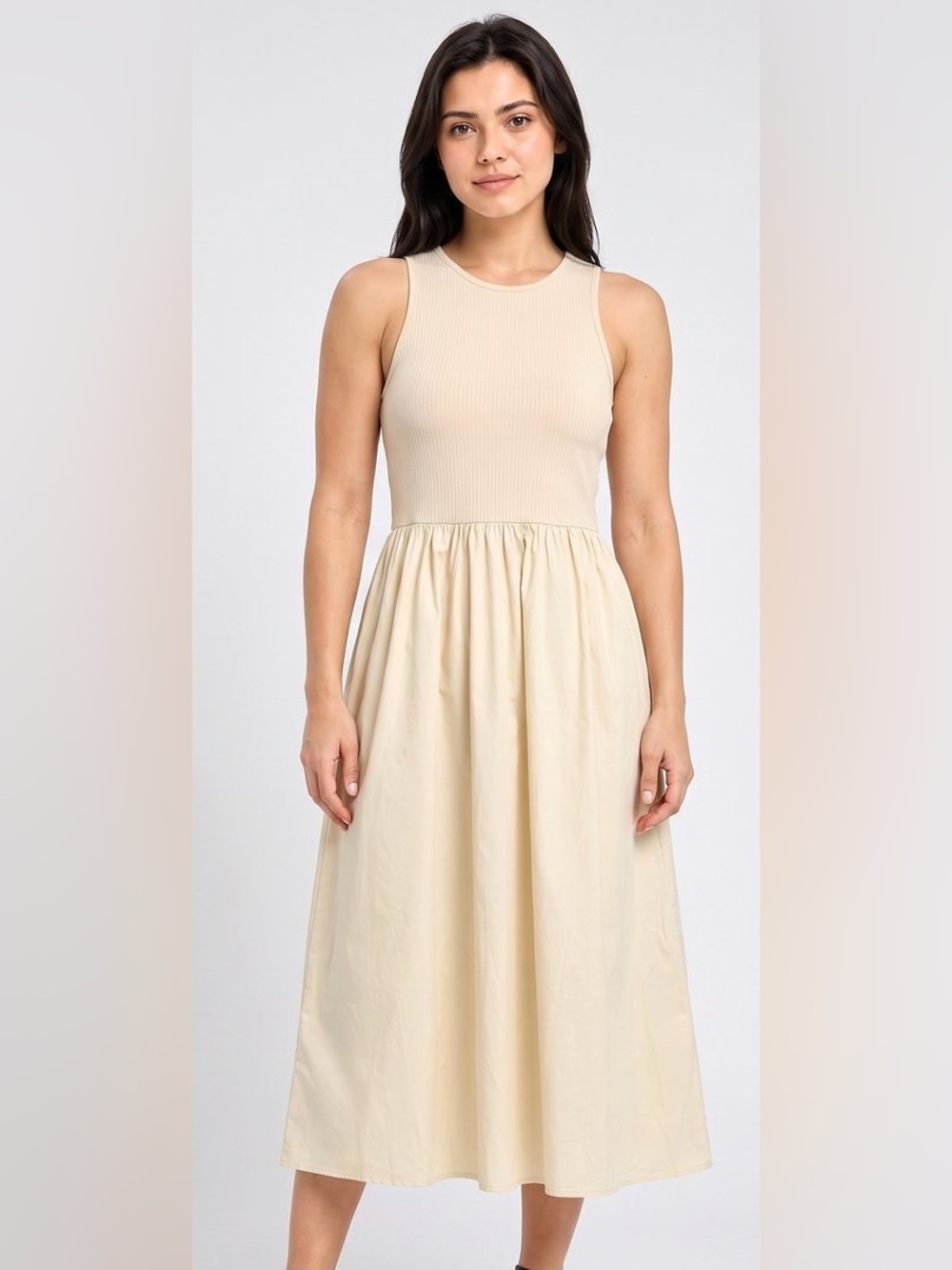 Old Navy ~ Tan Sleeveless Tank Style Ribbed-Bodice Midi Dress with Pockets - S